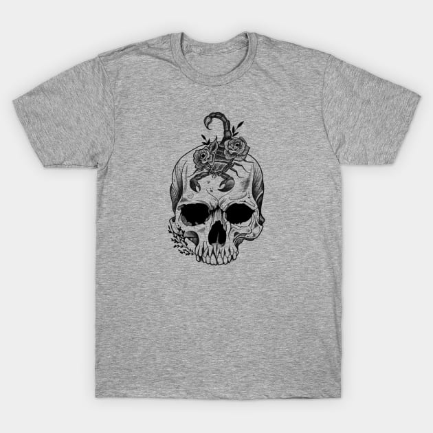 Skull Scorpion and Flowers (black version) T-Shirt by Gmonster